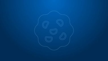 Beyaz çizgi Cookie ya da bisküvi, mavi arka planda izole edilmiş çikolata ikonu. 4K Video hareketli grafik canlandırması