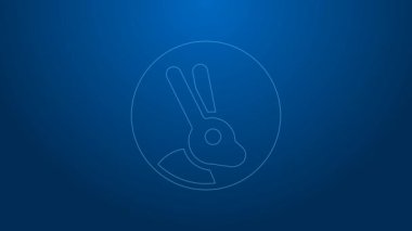 Beyaz çizgi üzerinde mavi arka planda izole edilmiş tavşan ikonu olan hayvanlara zulüm yok. 4K Video hareketli grafik canlandırması