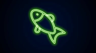 Parlayan neon hattı. Siyah zemin üzerinde balık simgesi izole edildi. 4K Video hareketli grafik canlandırması