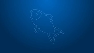 Beyaz çizgi Balık simgesi mavi arkaplanda izole edildi. 4K Video hareketli grafik canlandırması