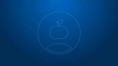 Apple 'ın beyaz çizgi simgesi mavi arkaplanda izole edildi. Fazla kilolu. Sağlıklı diyet menüsü. Fitness diyeti elması. 4K Video hareketli grafik canlandırması