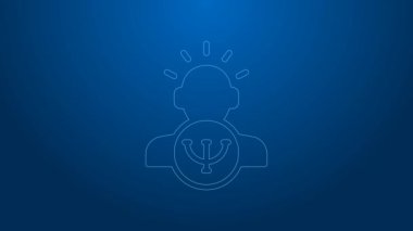 Beyaz çizgi psikoloji ikonu mavi arka planda izole edildi. Psi sembolü. Akıl sağlığı konsepti, psikanaliz analizi ve psikoterapi. 4K Video hareketli grafik canlandırması