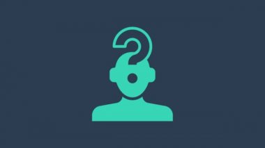 Mavi arka planda soru işareti simgesi olan turkuaz insan kafası. 4K Video hareketli grafik canlandırması