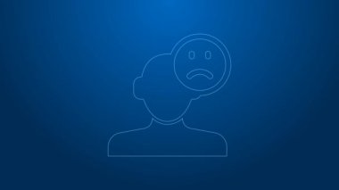 Beyaz çizgi üzgün ve depresif adam, kötü ruh hali ikonu mavi arka planda izole edilmiş. 4K Video hareketli grafik canlandırması