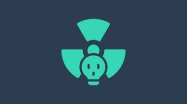 Turkuaz Radyoaktif simge mavi arkaplanda izole edildi. Radyoaktif zehirli sembol. Radyasyon tehlikesi işareti. 4K Video hareketli grafik canlandırması