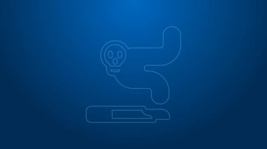 Beyaz çizgi sigara ikonu mavi arkaplanda izole edildi. Tütün tabelası. Sigara içme sembolü. 4K Video hareketli grafik canlandırması