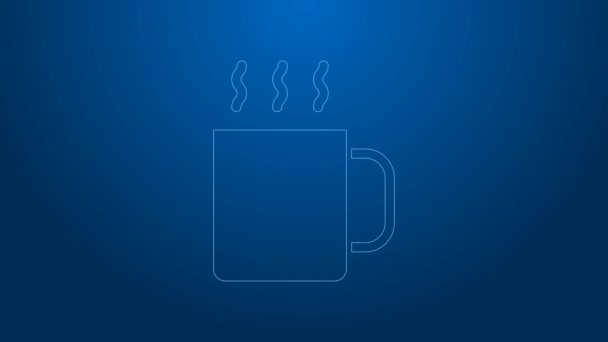 Weiße Linie Tasse Tee-Symbol isoliert auf blauem Hintergrund. 4K Video Motion Grafik Animation — Stockvideo