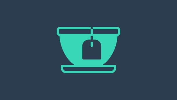 Tasse turquoise avec icône de sac de thé isolé sur fond bleu. Animation graphique de mouvement vidéo 4K — Video