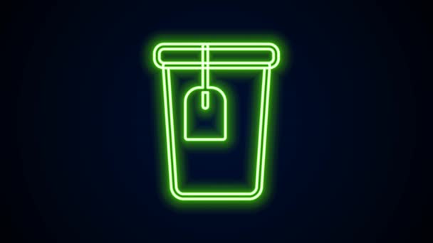 Siyah arka planda izole edilmiş çay poşeti ikonu olan parlak neon çizgi bardağı. 4K Video hareketli grafik canlandırması — Stok video
