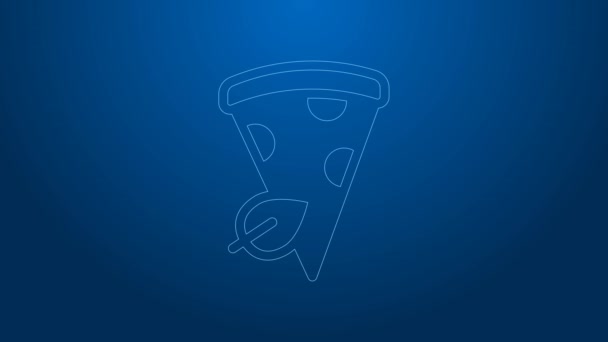 Línea blanca Icono de rebanada de pizza vegana aislado sobre fondo azul. Animación gráfica de vídeo 4K — Vídeo de stock