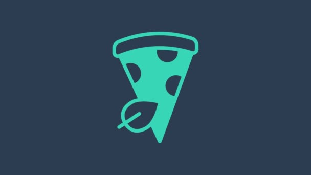 Turquoise Vegan pizza slice icon isolated on blue background. 4K Video motion graphic animation — стокове відео
