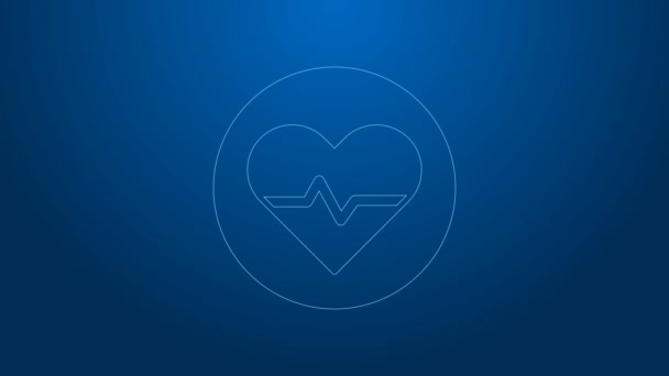 White line Heart rate icon isolated on blue background. Heartbeat sign. Heart pulse icon. Cardiogram icon. 4K Video motion graphic animation — Stock Video