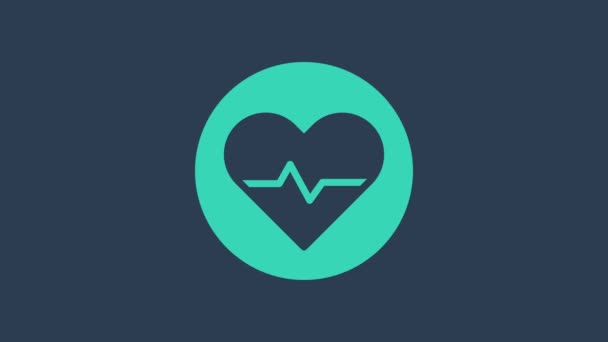 Turquoise Heart rate icon isolated on blue background. Heartbeat sign. Heart pulse icon. Cardiogram icon. 4K Video motion graphic animation — Stock Video