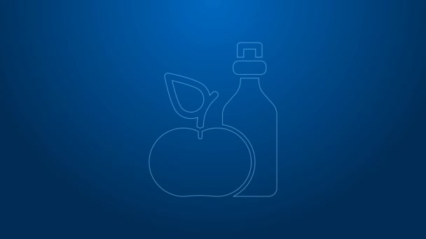 Witte lijn Apple cider azijn in fles pictogram geïsoleerd op blauwe achtergrond. 4K Video motion grafische animatie — Stockvideo