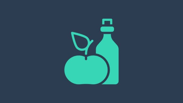 Turkoois Apple cider azijn in fles pictogram geïsoleerd op blauwe achtergrond. 4K Video motion grafische animatie — Stockvideo