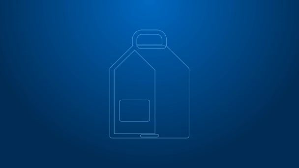 Línea blanca Paquete de papel para icono de leche aislado sobre fondo azul. Señal de paquete de leche. Animación gráfica de vídeo 4K — Vídeo de stock