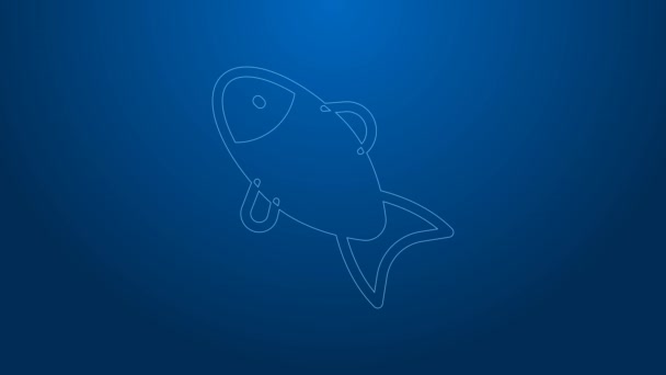 Línea blanca Icono de pescado aislado sobre fondo azul. Animación gráfica de vídeo 4K — Vídeo de stock