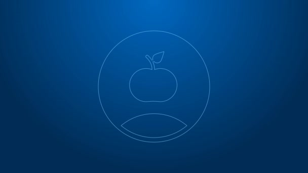 Белый значок Apple выделен на синем фоне. Избыточный вес. Здоровое диетическое меню. Фитнес диетическое яблоко. Видеографическая анимация 4K — стоковое видео