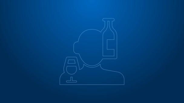 White line Alcoholism, or alcohol use disorder icon isolated on blue background. 4K Video motion graphic animation — Vídeo de Stock