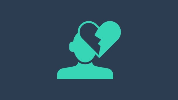 Turquesa Corazón roto o icono de divorcio aislado sobre fondo azul. Símbolo de amor. Día de San Valentín. Animación gráfica de vídeo 4K — Vídeos de Stock