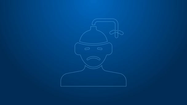 Witte lijn Concussie, hoofdpijn, duizeligheid, migraine pictogram geïsoleerd op blauwe achtergrond. 4K Video motion grafische animatie — Stockvideo