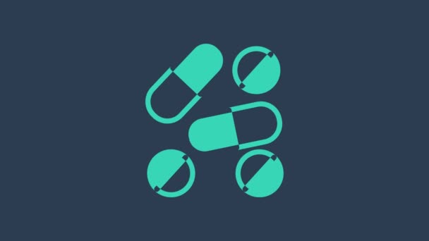 Turchese Medicina pillola o tablet icona isolata su sfondo blu. Pillola della capsula e segno di droga. Design della farmacia. Animazione grafica 4K Video motion — Video Stock