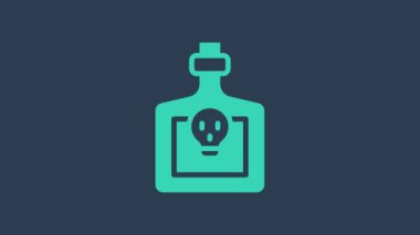 Mavi arkaplanda ikon izole edilmiş turkuaz şişe. Sihirli iksirli matara. Mutlu Cadılar Bayramı Partisi. 4K Video hareketli grafik canlandırması