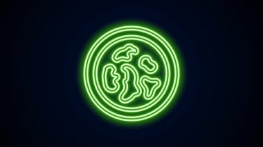 Siyah zemin üzerinde izole edilmiş bakteri simgesi olan parlak neon hattı Petri kabı. 4K Video hareketli grafik canlandırması