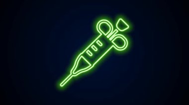 Parlayan neon çizgisi şırınga simgesi siyah arkaplanda izole edildi. Aşı için şırınga, aşı, iğne, grip aşısı. Tıbbi ekipman. 4K Video hareketli grafik canlandırması