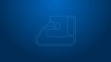 Beyaz çizgi Atık Su simgesi mavi arkaplanda izole edildi. Kanalizasyon borusu. Borudan nehre sıvı akıyor. 4K Video hareketli grafik canlandırması