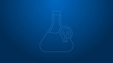 Mavi arka planda zehirli sıvı ikonu olan beyaz çizgi laboratuvar kimyasal deney şişesi. Biyolojik tehlike sembolü. Radyasyon ikonu olan tehlikeli bir sembol. 4K Video hareketli grafik canlandırması