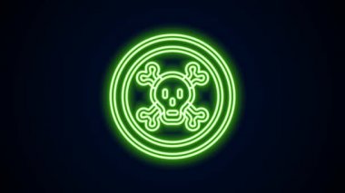 Siyah zemin üzerinde parlayan neon çizgisi Bones ve kafatası toksik uyarı simgesi olarak izole edilmiş. 4K Video hareketli grafik canlandırması