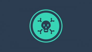 Turkuaz kemikler ve kafatası, mavi arka planda izole edilmiş toksik uyarı ikonu olarak görülüyor. 4K Video hareketli grafik canlandırması