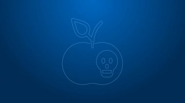 Mavi arka planda beyaz çizgi zehirli elma ikonu izole edildi. Zehirli cadı elması. 4K Video hareketli grafik canlandırması