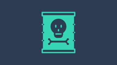 Fıçı ikonundaki turkuaz radyoaktif atık mavi arka planda izole edildi. Zehirli atık fıçısı. Radyoaktif atık emisyonları, çevre kirliliği. 4K Video hareketli grafik canlandırması