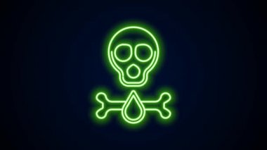 Siyah zemin üzerinde parlayan neon çizgisi Bones ve kafatası toksik uyarı simgesi olarak izole edilmiş. 4K Video hareketli grafik canlandırması