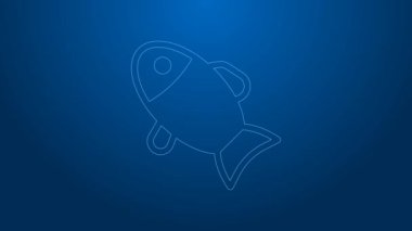 Beyaz çizgi Balık simgesi mavi arkaplanda izole edildi. 4K Video hareketli grafik canlandırması