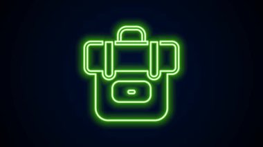 Parlayan neon çizgisi Yürüyüş sırt çantası simgesi siyah arkaplanda izole edildi. Kamp ve dağ gezisi sırt çantası. 4K Video hareketli grafik canlandırması