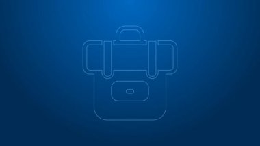 Beyaz çizgi Yürüyüş sırt çantası simgesi mavi arkaplanda izole edildi. Kamp ve dağ gezisi sırt çantası. 4K Video hareketli grafik canlandırması