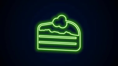 Parlak neon çizgili kek simgesi siyah arkaplanda izole edilmiş. Doğum günün kutlu olsun. 4K Video hareketli grafik canlandırması