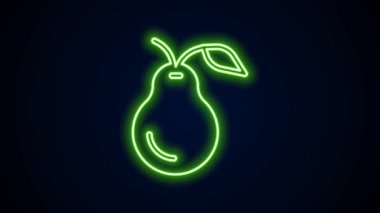 Parlayan neon hattı Pear simgesi siyah arkaplanda izole edildi. Yaprak sembollü meyve. 4K Video hareketli grafik canlandırması