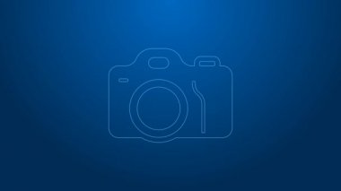 Beyaz çizgi fotoğraf makinesi simgesi mavi arkaplanda izole edildi. Foto kamera. Dijital fotoğrafçılık. 4K Video hareketli grafik canlandırması