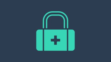 Turkuaz ilk yardım çantası simgesi mavi arkaplanda izole edildi. Haçlı sağlık kutusu. Acil durumlar için tıbbi ekipman. Sağlık sigortası konsepti. 4K Video hareketli grafik canlandırması