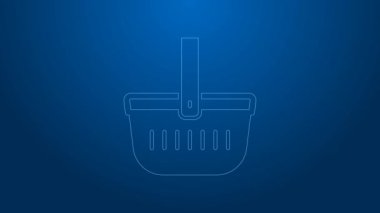 Beyaz çizgi piknik sepeti simgesi mavi arkaplanda izole edildi. 4K Video hareketli grafik canlandırması