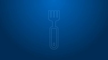 Beyaz çizgi Fork simgesi mavi arkaplanda izole edildi. Çatal bıçak sembolü. 4K Video hareketli grafik canlandırması