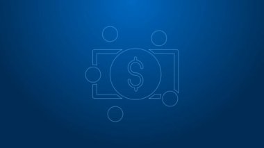 Beyaz çizgi, kağıt para yığını mavi arka planda izole nakit ikonu. Para desteleri. Para birimi. 4K Video hareketli grafik canlandırması