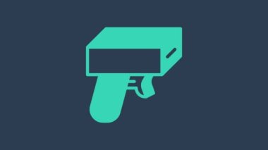 Turkuaz para tabancası simgesi mavi arkaplanda izole edildi. Oyuncak tabancayı parayla vur. Para makineli tüfek. 4K Video hareketli grafik canlandırması