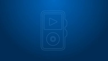 Beyaz çizgi müzik çalar simgesi mavi arkaplanda izole edildi. Taşınabilir müzik cihazı. 4K Video hareketli grafik canlandırması
