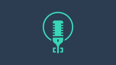 Turkuaz mikrofon simgesi mavi arkaplanda izole edildi. Radyodaki mikrofondan. Sözcü işareti. 4K Video hareketli grafik canlandırması