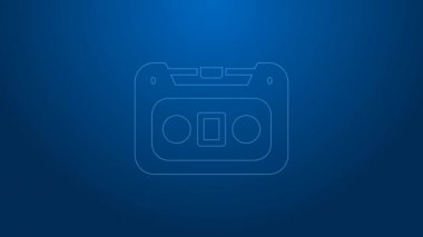 Beyaz çizgi Retro ses kaset simgesi mavi arkaplanda izole edildi. 4K Video hareketli grafik canlandırması